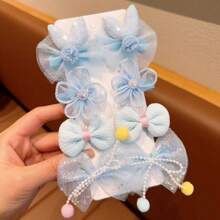 Set Of 8 Bow Detail & Flower Decor Hair Clips For Children, Baby Girls, Princess, Made Of Fabric & Lace, Suitable For Daily Use,