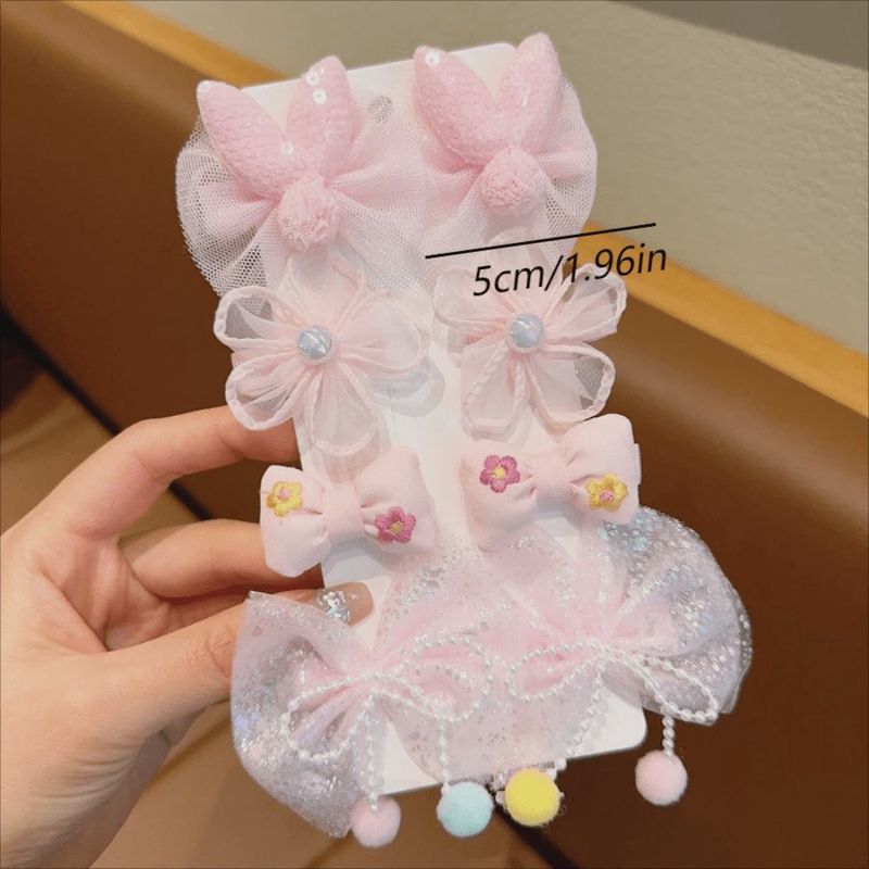 Set Of 8 Bow Detail &amp; Flower Decor Hair Clips For Children, Baby Girls, Princess, Made Of Fabric &amp; Lace, Suitable For Daily Use,