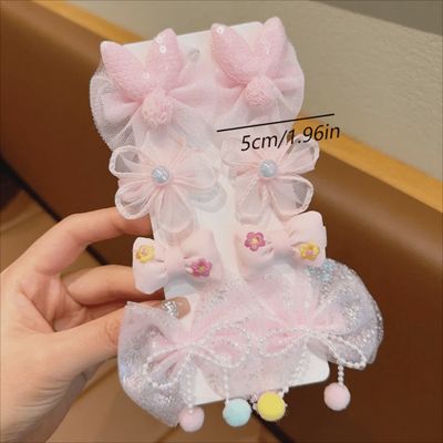 Set Of 8 Bow Detail &amp; Flower Decor Hair Clips For Children, Baby Girls, Princess, Made Of Fabric &amp; Lace, Suitable For Daily Use,