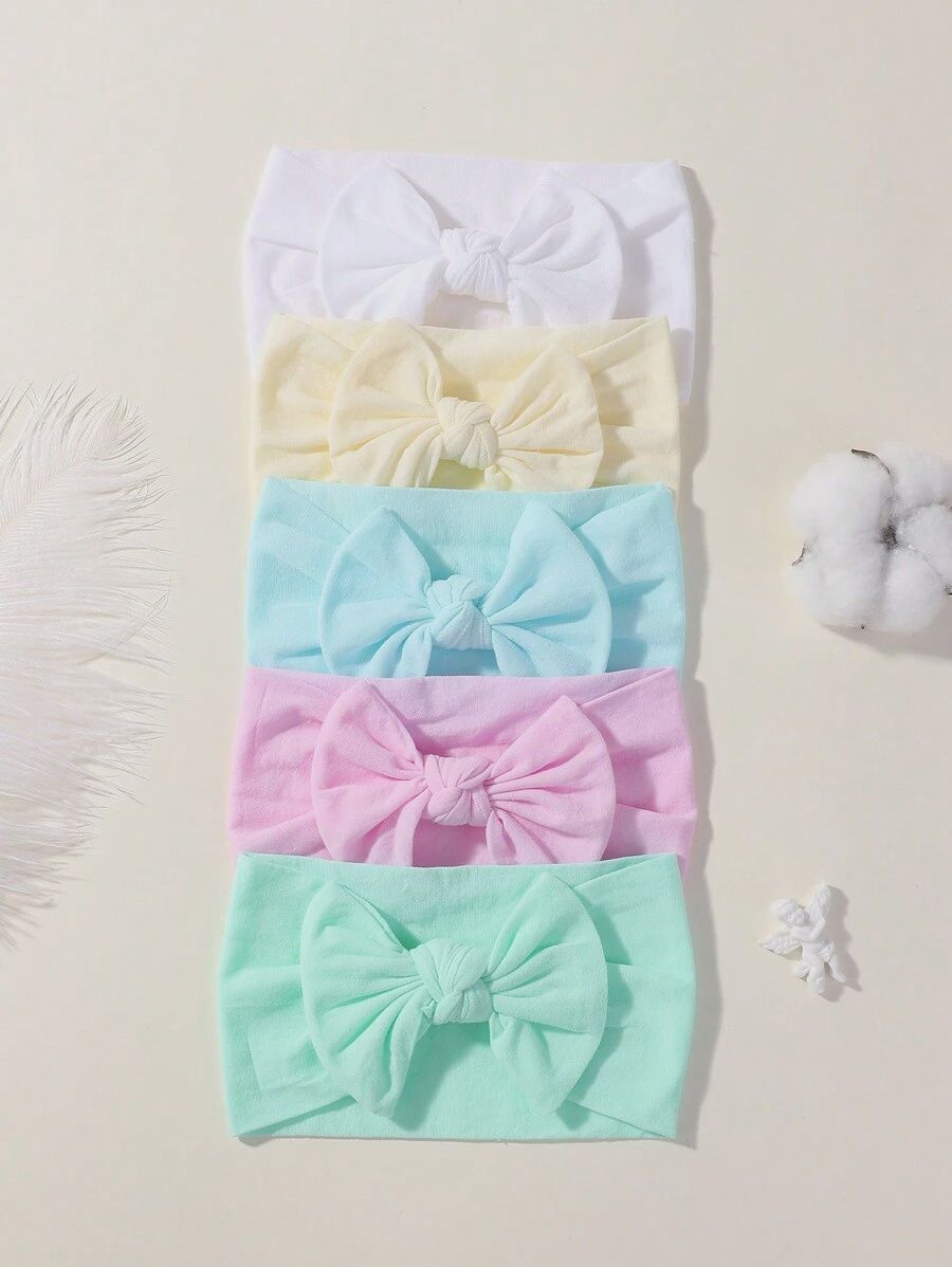 5pcs Solid Color Wide Elastic Band Hair Band With Bowknot For Kids, Pure Color Hair Accessories For Children