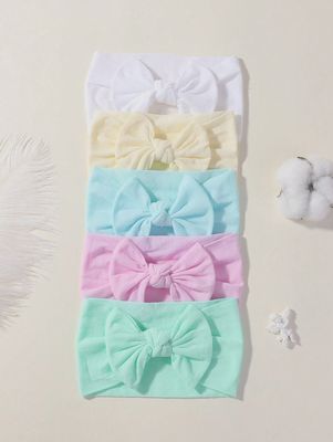 5pcs Solid Color Wide Elastic Band Hair Band With Bowknot For Kids, Pure Color Hair Accessories For Children