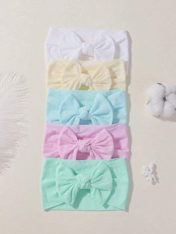 5pcs Solid Color Wide Elastic Band Hair Band With Bowknot For Kids, Pure Color Hair Accessories For Children