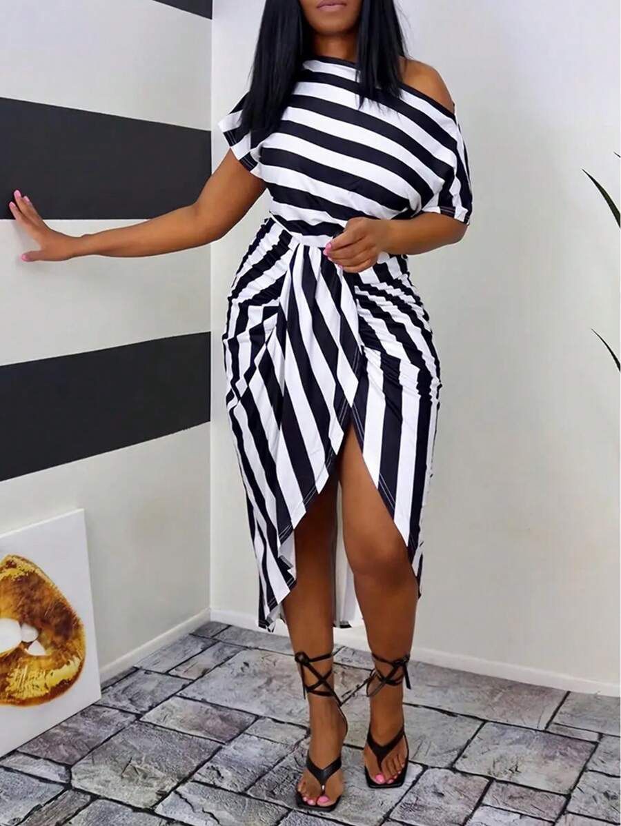 Slayr Plus Size Color Block Striped Twisted Front Slit Dress