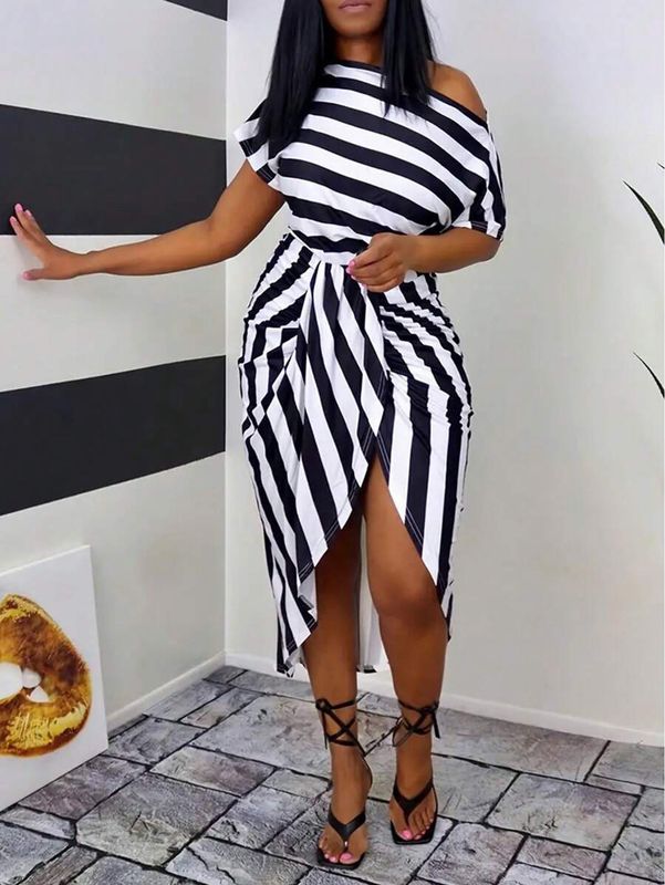 Slayr Plus Size Color Block Striped Twisted Front Slit Dress