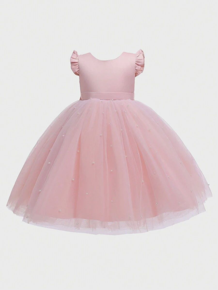 Young Girl Princess Tutu Dress With Mesh Splicing, Beaded Details And Puff Sleeves
