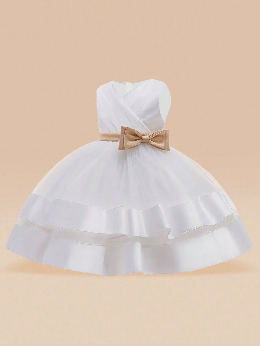 Young Girl Gorgeous Elegant Dress With Satin, Mesh, Bowknot