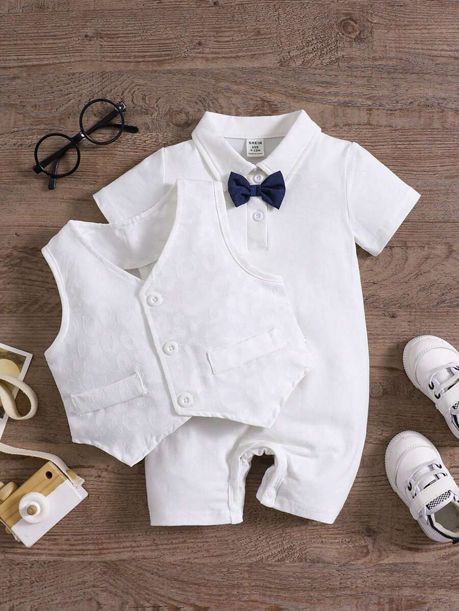 Baby Boy Woven Seersucker Embroidered Romper Shortall, Birthday Party Gentleman Outfit