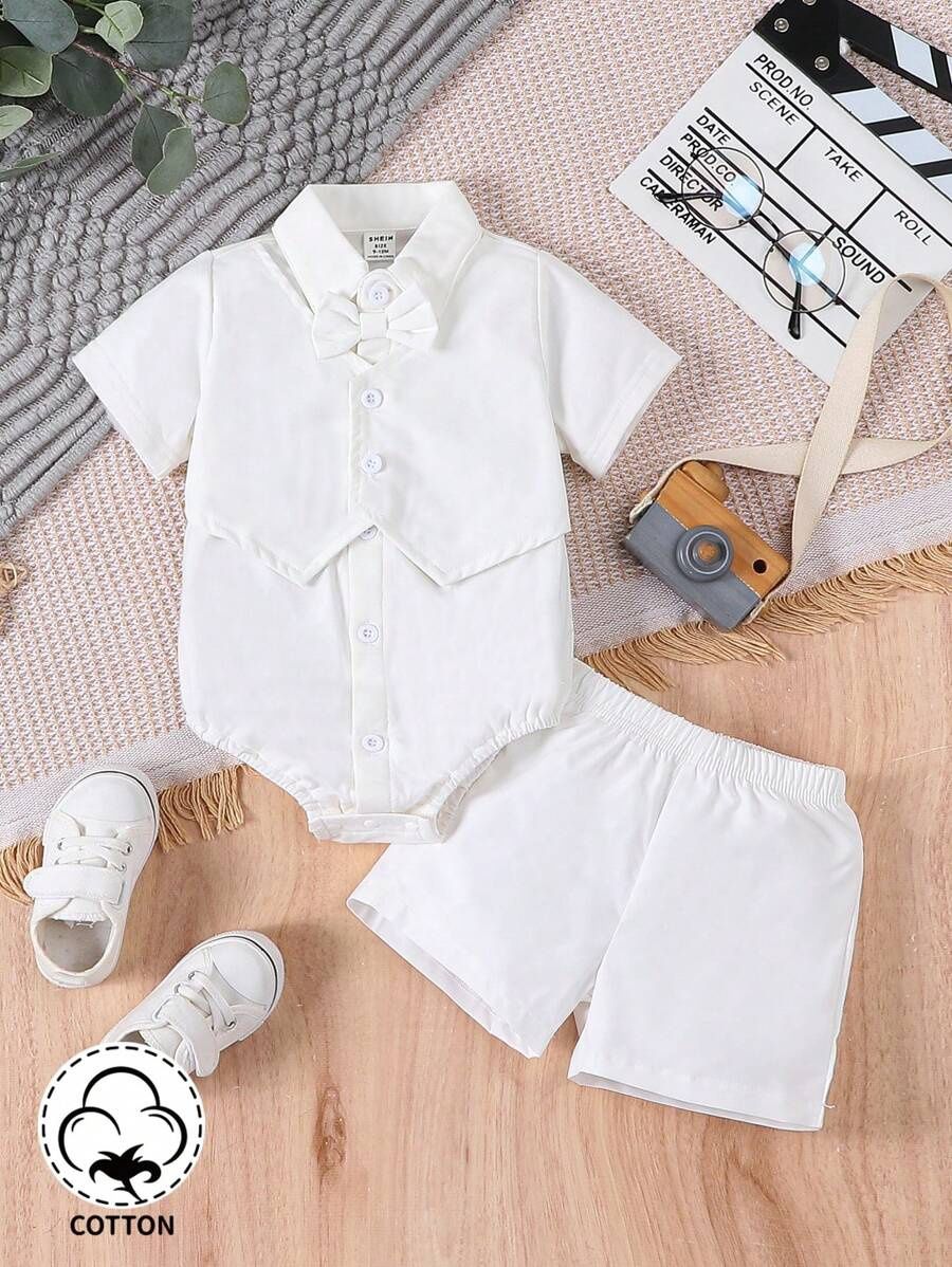 Blossomsprite Kids 2pcs/Set Baby Boys&#39; Gentleman Bowtie Short Sleeve Romper And Shorts