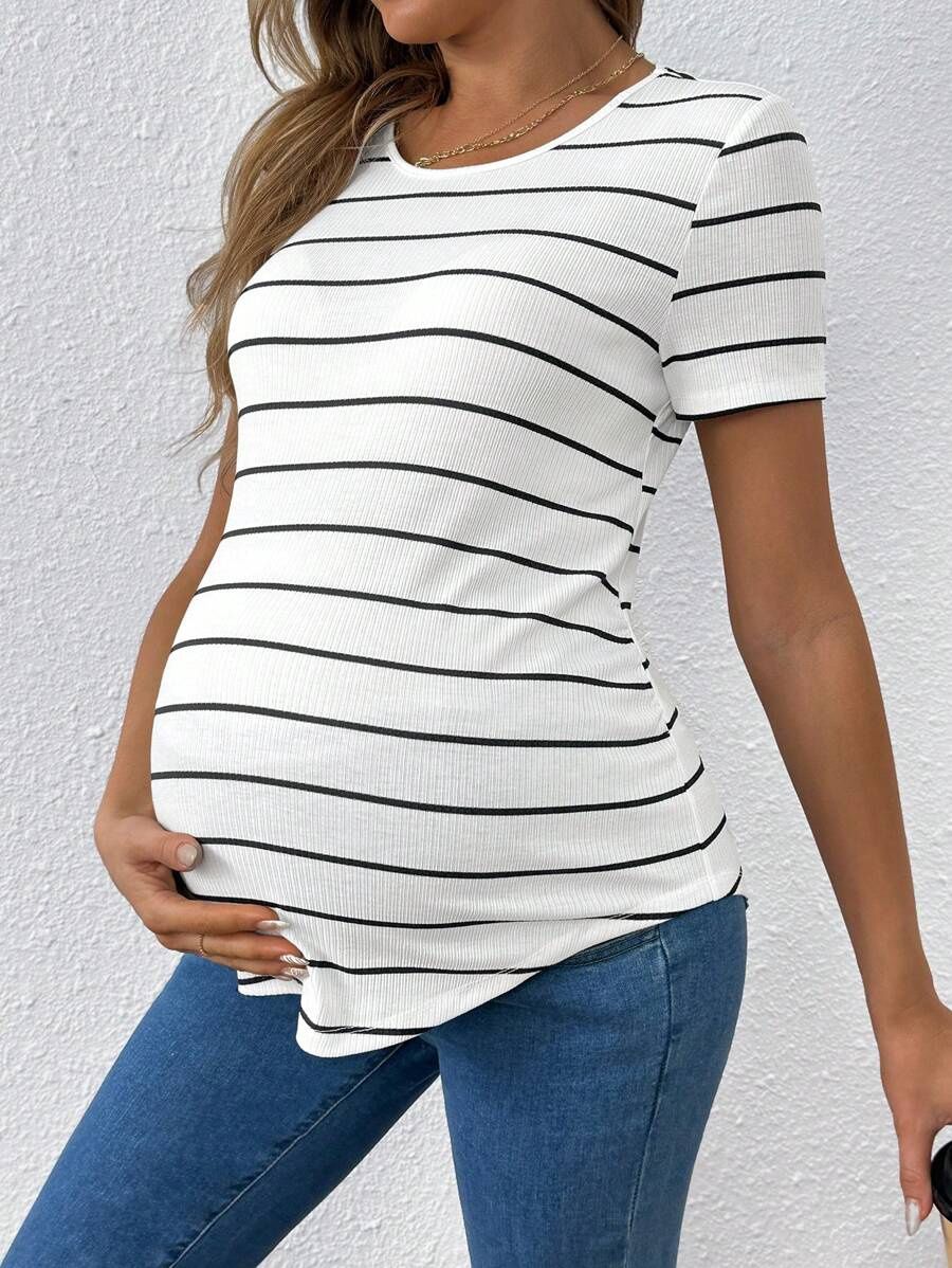 Women&#39;s Casual Striped Maternity T-Shirt With Round Neck And Long Length