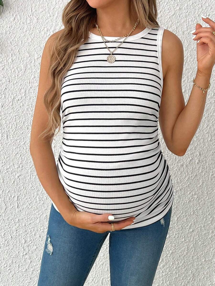 Maternity Color Block Striped Pleated Slim Fit Tank Top