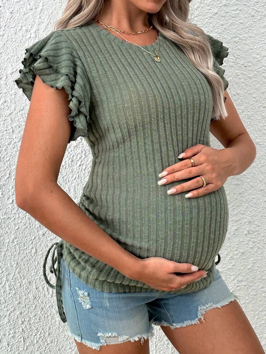 Maternity Summer Round Neck Ruffle Sleeve Rib-Knit T-Shirt