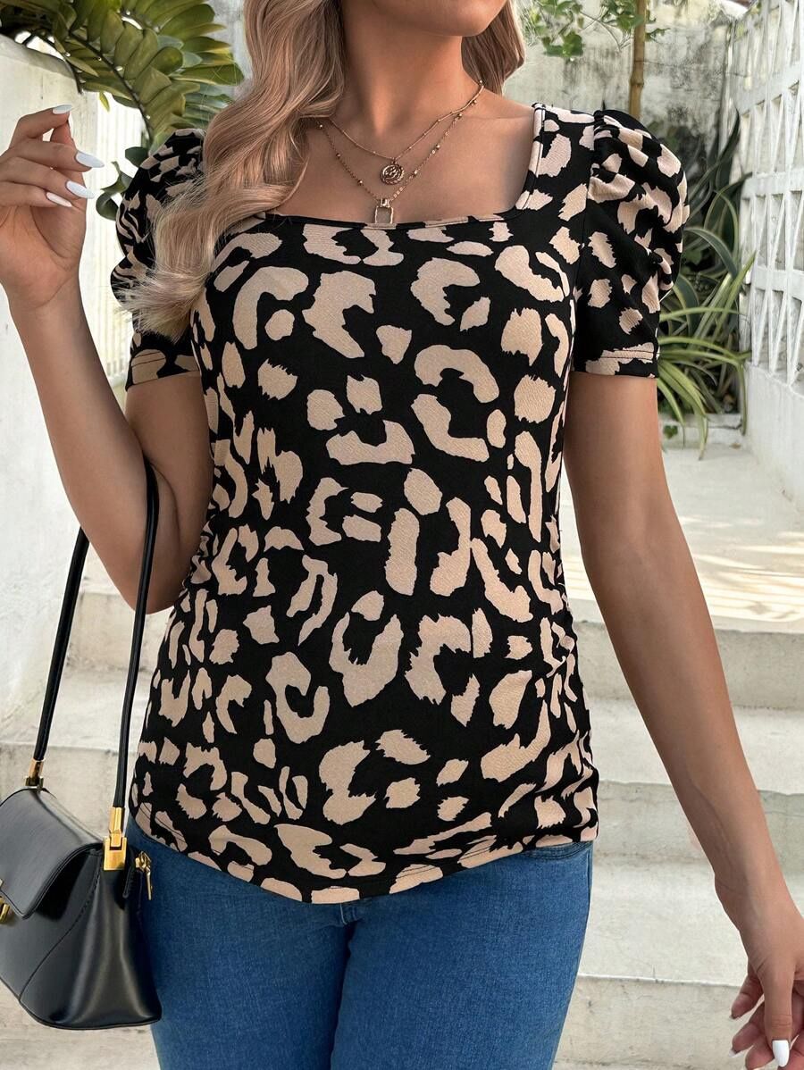Elegant Commuter Leopard Print Square Neck Tight T-Shirt For Pregnant Women