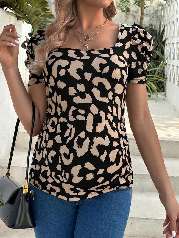 Elegant Commuter Leopard Print Square Neck Tight T-Shirt For Pregnant Women