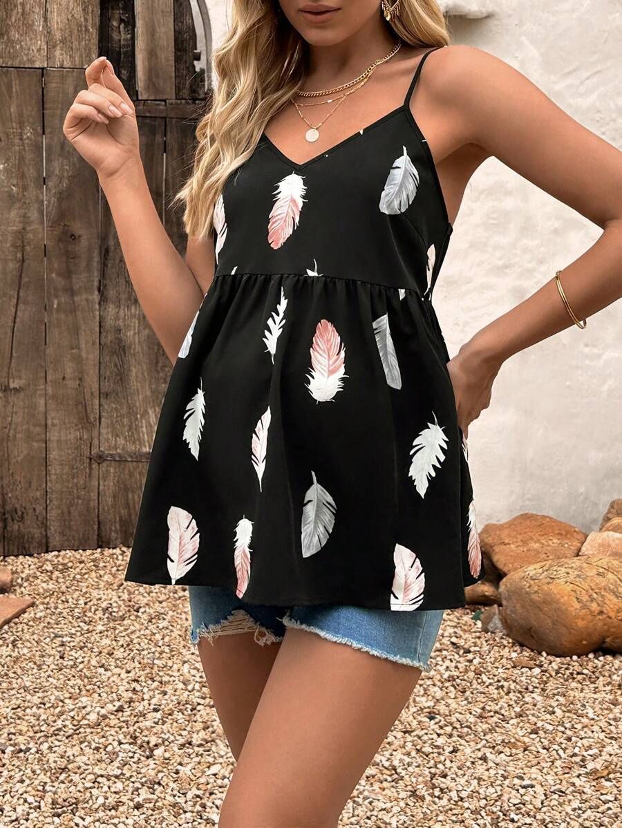 Maternity Feather Print Peplum Cami Top