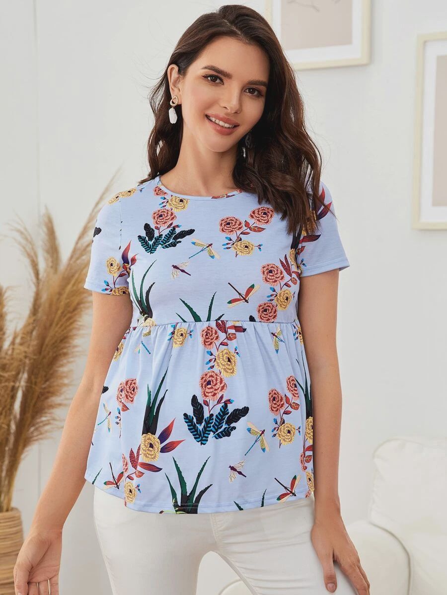 Maternity Dragonfly &amp; Floral Print Peplum Top