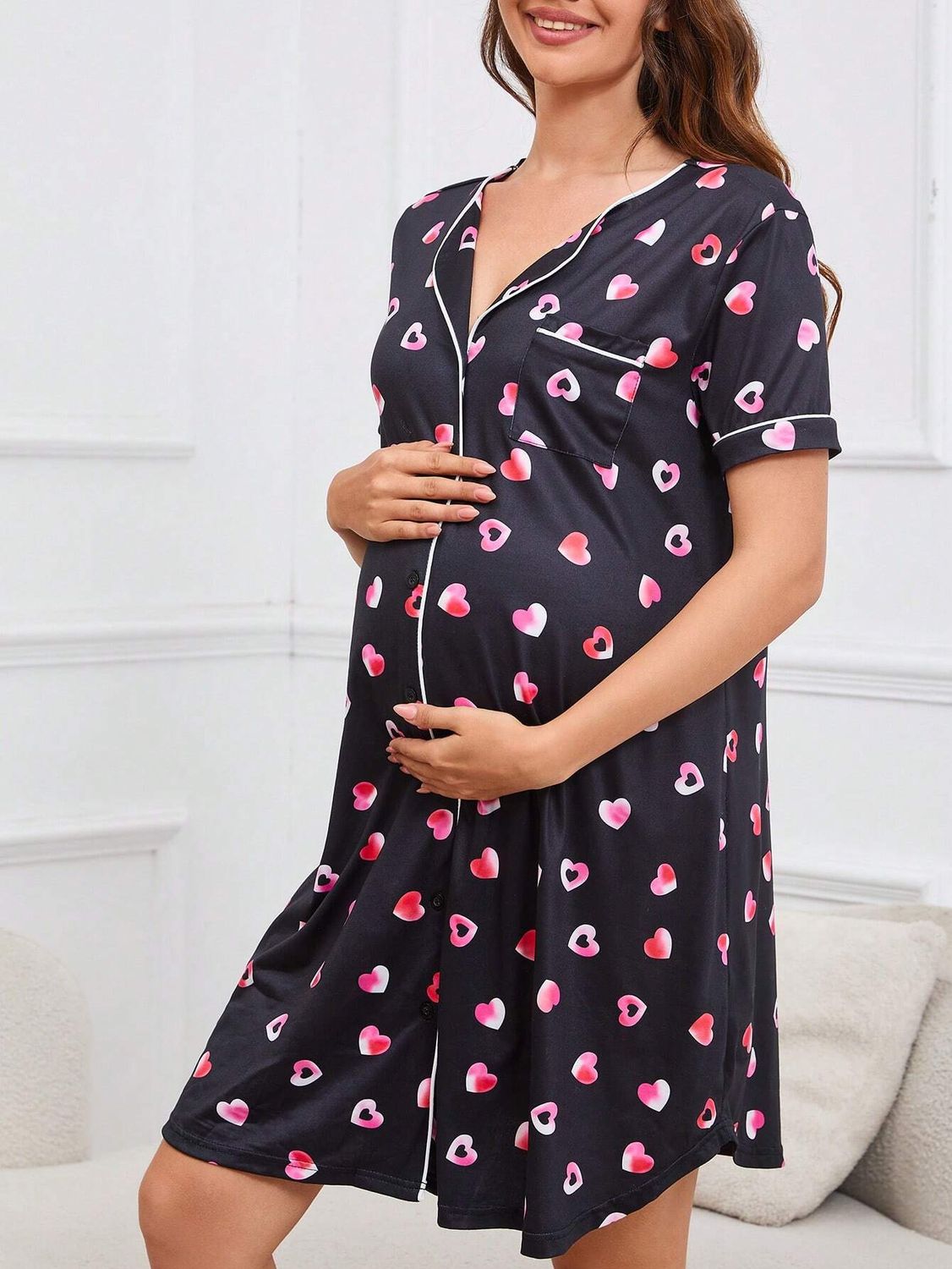 Maternity Gradient Heart Print Button Front Pajama