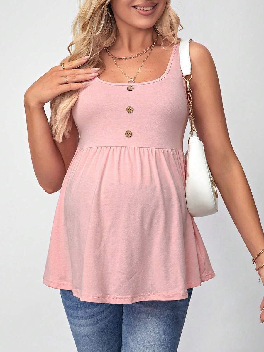 Maternity Solid Color Decorative Button Tank Top