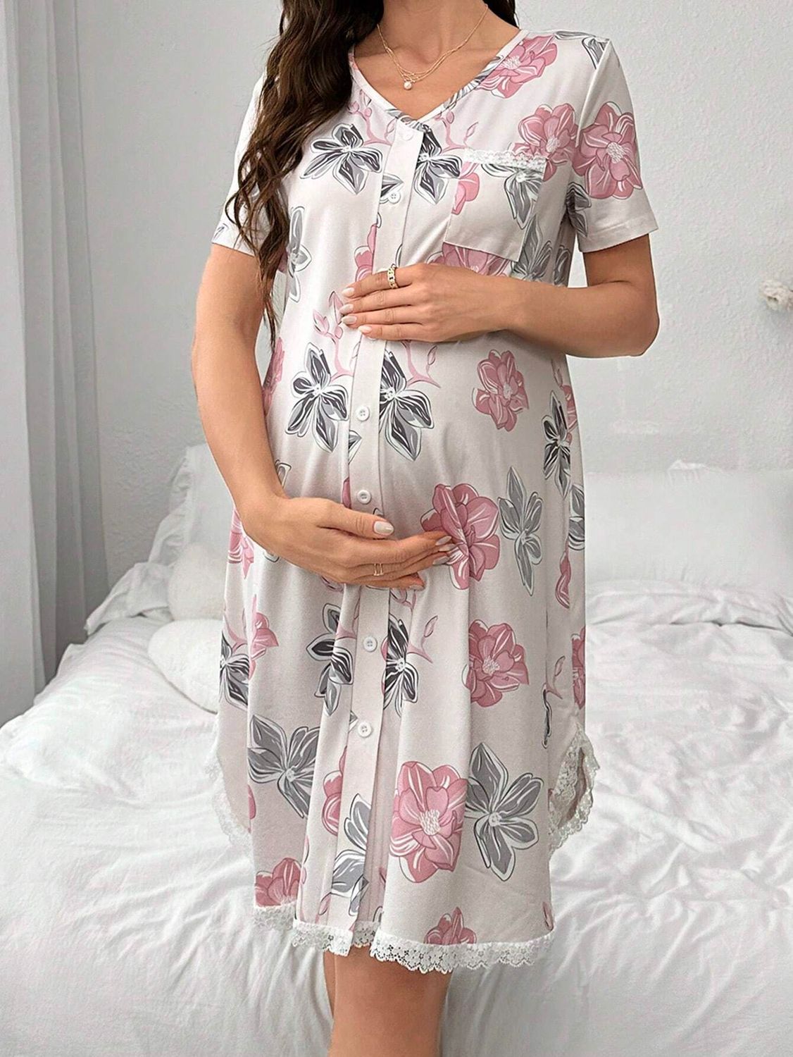 Maternity Lace Floral Print Maternity Sleep Dress With Pockets