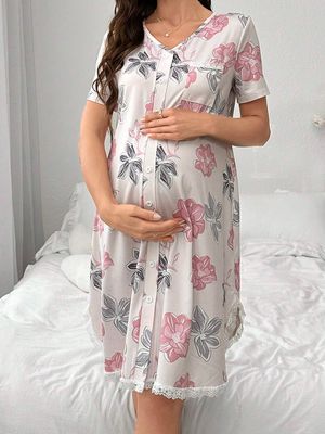 Maternity Lace Floral Print Maternity Sleep Dress With Pockets