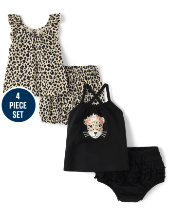 Baby Girls Leopard 4-Piece Playwear Set - Rice Crackers