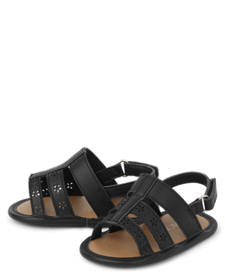 Baby Girls Perforated Flower Gladiator Sandals - Black