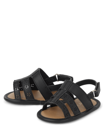 Baby Girls Perforated Flower Gladiator Sandals - Black