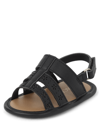 Baby Girls Perforated Flower Gladiator Sandals - Black