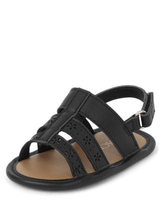 Baby Girls Perforated Flower Gladiator Sandals - Black