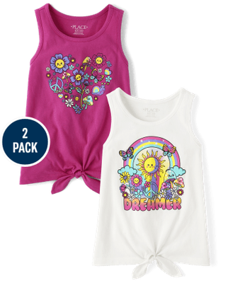 Girls Dreamer Tie-Front Tank Top 2-Pack - Pink/White
