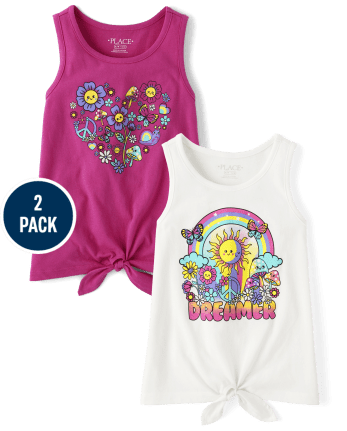 Girls Dreamer Tie-Front Tank Top 2-Pack - Pink/White