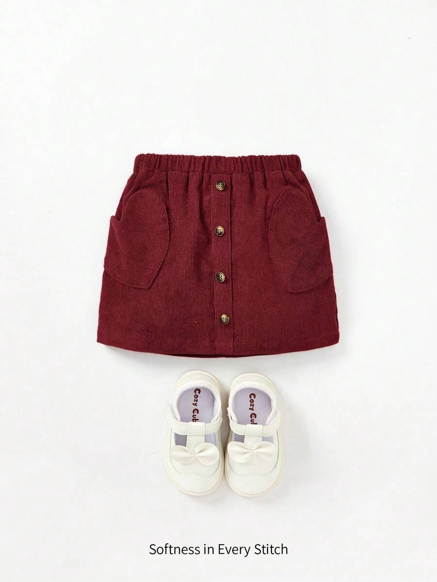 Baby Girl Skirt With Front Button Closure, Elastic Waistband And Pink Heart Shaped Pocket