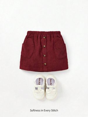 Baby Girl Skirt With Front Button Closure, Elastic Waistband And Pink Heart Shaped Pocket