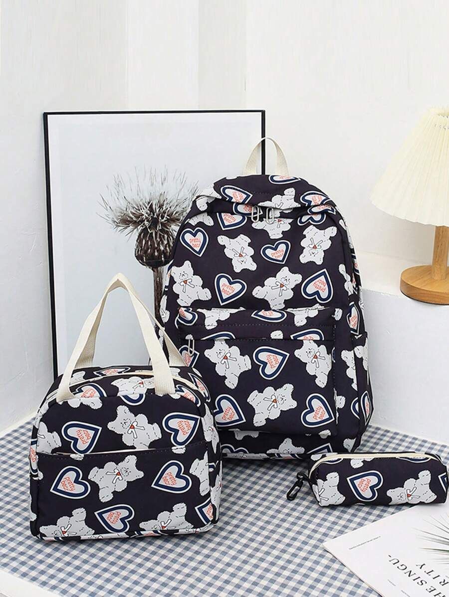 3 Pcs   Black School Bag, Cartoon Pattern Book Bag, Pattern Random , Comes With Lunch Bag And Pencil Case