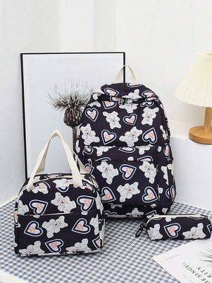 3 Pcs   Black School Bag, Cartoon Pattern Book Bag, Pattern Random , Comes With Lunch Bag And Pencil Case