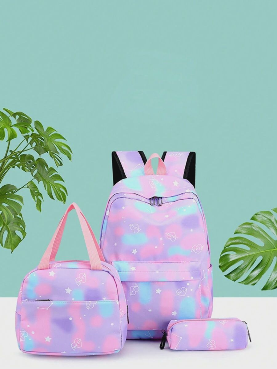 3 Piece Stars School Bag, Tie-Dye Cartoon Pattern School Bag with Lunch Bag and Pencil Case