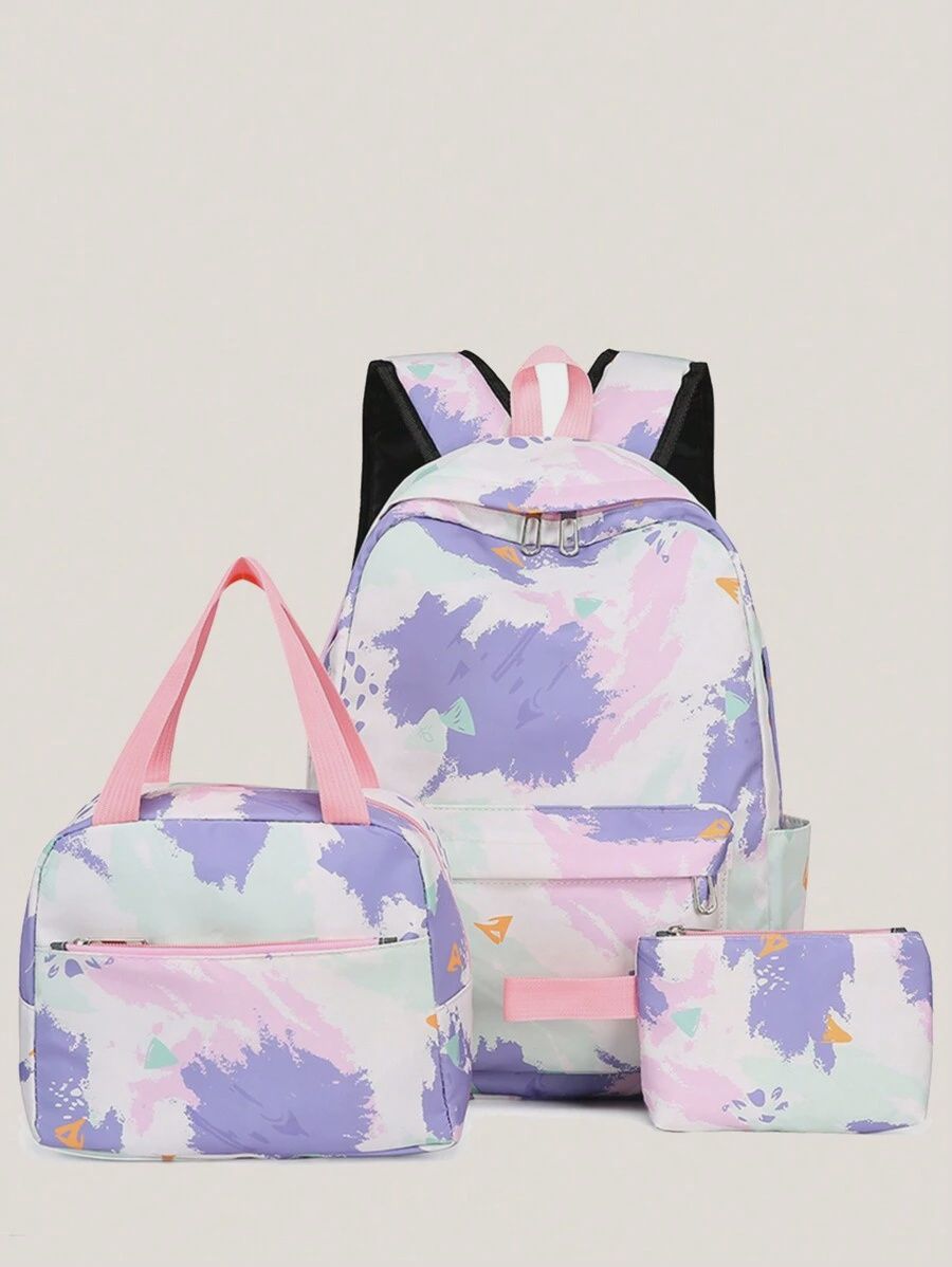 3 Piece School Bag, Tie-Dye Cartoon Pattern School Bag with Lunch Bag and Pencil Case
