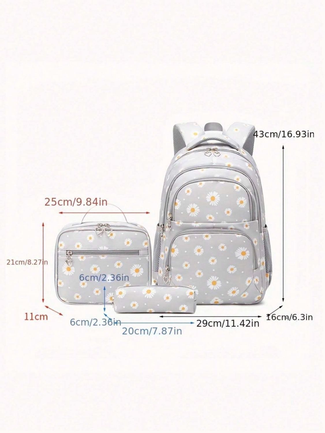 3-Piece Set Fresh Small Chrysanthemum Pattern Kid School Backpack, Lunch Box And Pencil Case