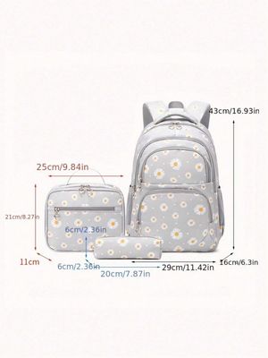 3-Piece Set Fresh Small Chrysanthemum Pattern Kid School Backpack, Lunch Box And Pencil Case