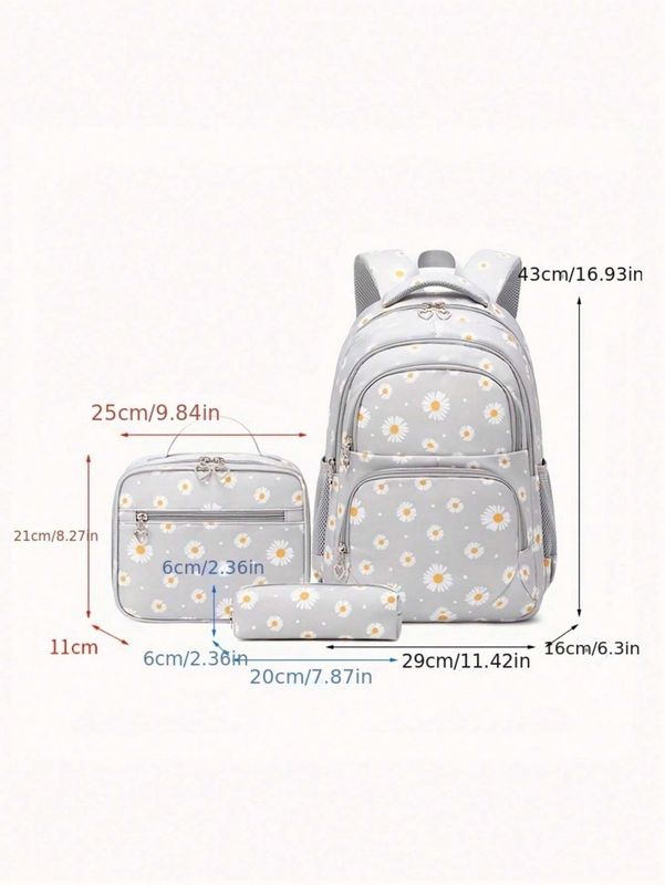 3-Piece Set Fresh Small Chrysanthemum Pattern Kid School Backpack, Lunch Box And Pencil Case