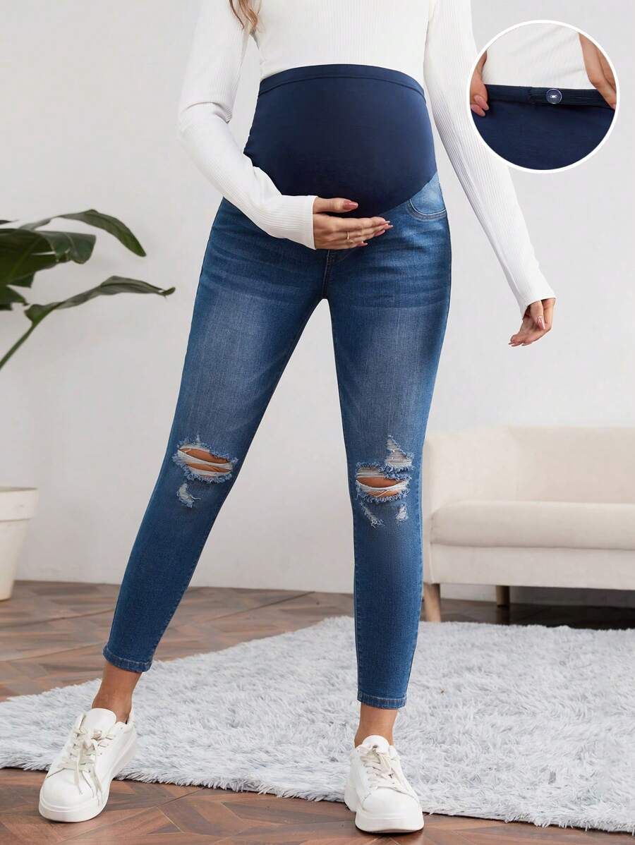 Maternity Casual Low Waist Skinny Irregular Frayed Jeans
