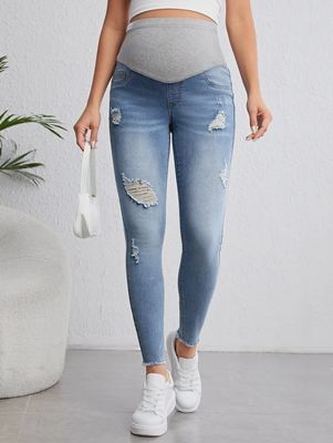 Maternity Adjustable Waist Ripped Frayed Skinny Jeans