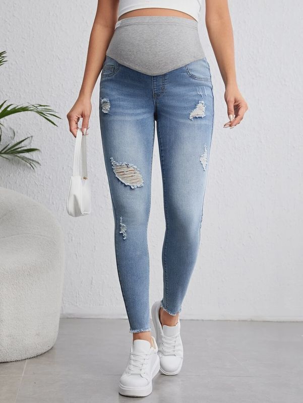 Maternity Adjustable Waist Ripped Frayed Skinny Jeans