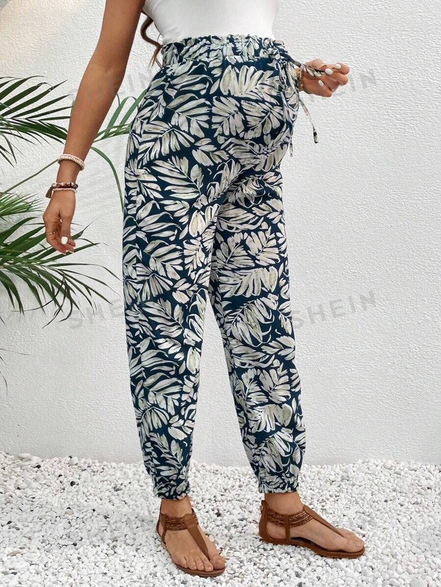Maternity Tropical Plant Printed Waist Tie Jogger Pants