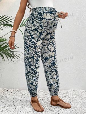 Maternity Tropical Plant Printed Waist Tie Jogger Pants