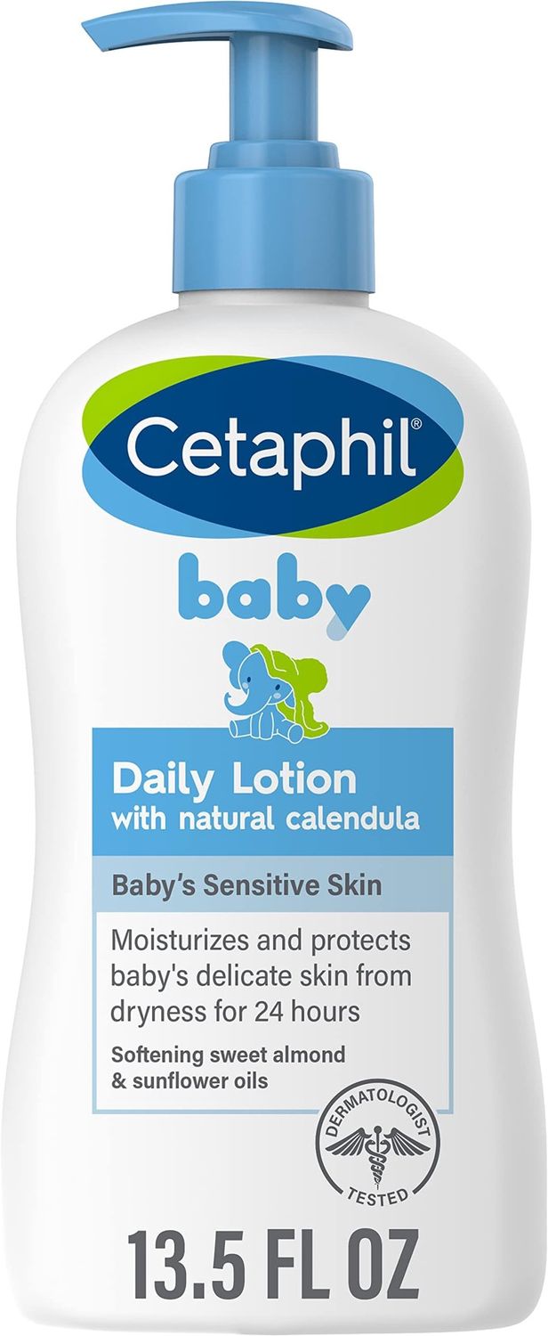 Cetaphil Baby Daily Lotion with Organic Calendula, NEW 13.5 fl oz, Vitamin E, Sweet Almond &amp; Sunflower Oils, Mineral Oil Free, Paraben Free, Dermatologist Tested, Clinically Proven for Sensitive Skin