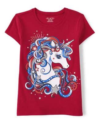 Girls Americana Unicorn Graphic Tee - ruby