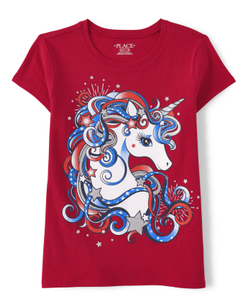 Girls Americana Unicorn Graphic Tee - ruby