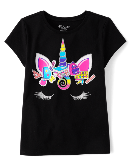 Girls Unicorn Face Graphic Tee - black