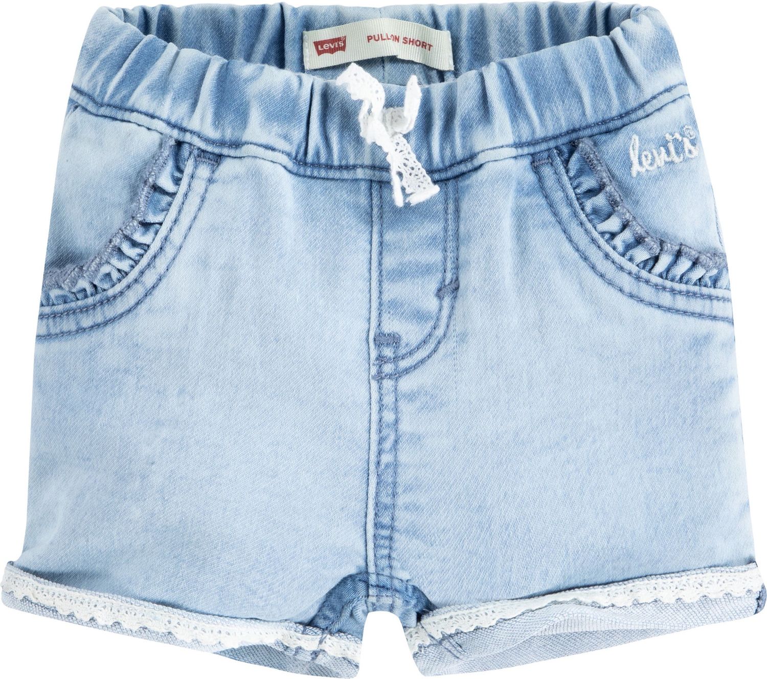 Dobby Lace Trim Denim Shorts