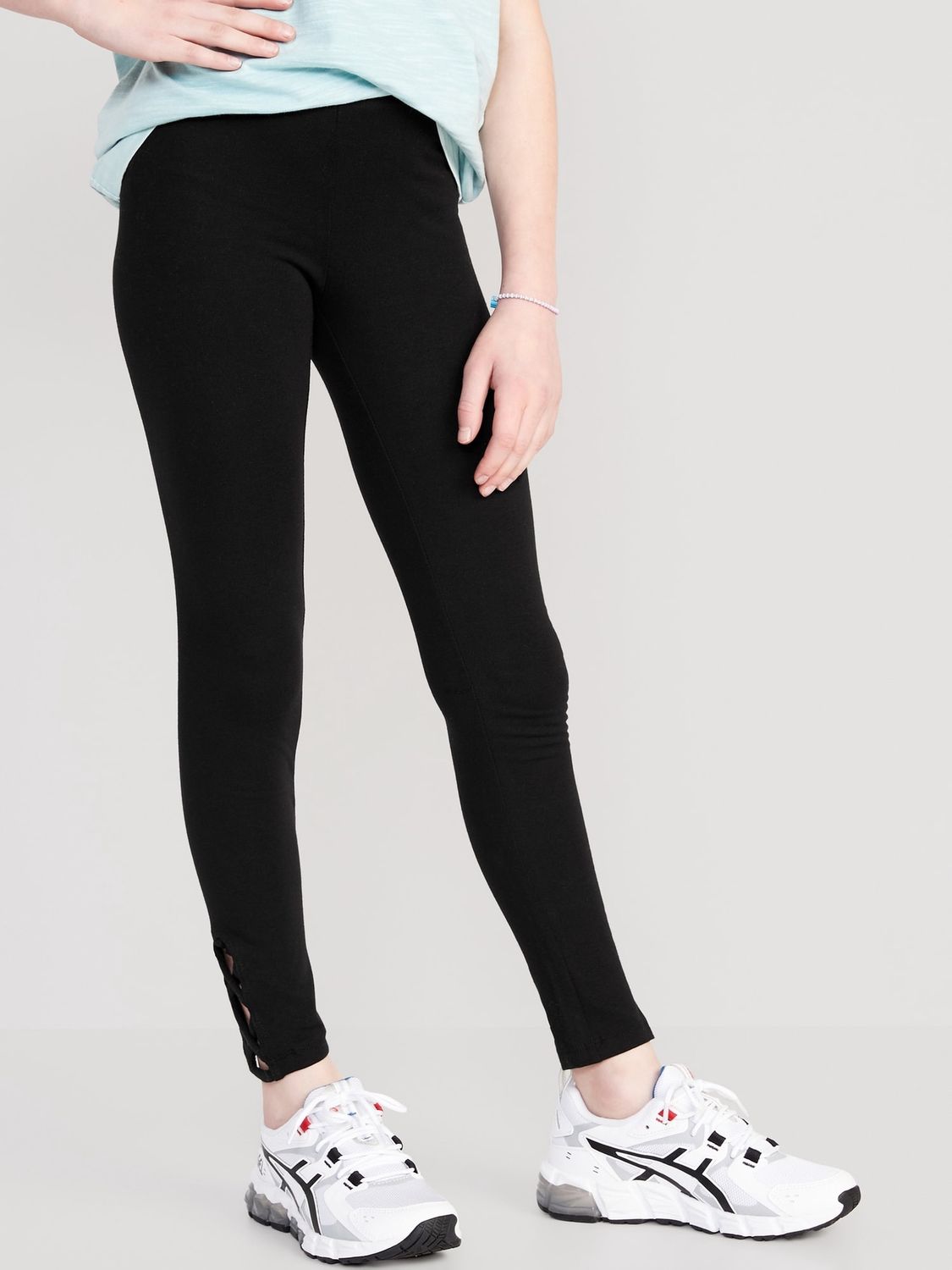 Tough Full-Length Lattice-Hem Leggings for Girls - Black